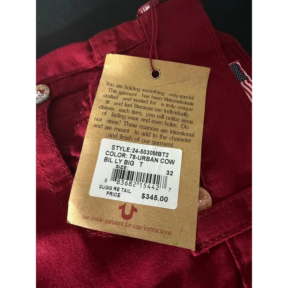 True Religion Billy Big T Jeans 32 Red NEW Urban Cow‎ Straight Leg USA Made